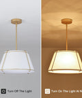 16" White and Gold Drum Pendant Light with Metal Lantern Fabric Shade displayed off and on, showcasing its elegant design.