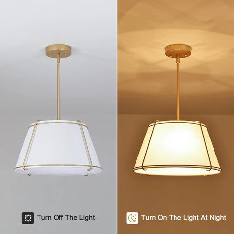 16" White and Gold Drum Pendant Light with Metal Lantern Fabric Shade displayed off and on, showcasing its elegant design.