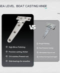 Comparison of 316 stainless steel T hinge marine grade vs non-precision hinge with features listed