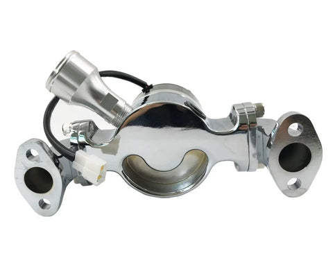 Small Block Chevy Electric Water Pump delivers killer 35 gpm high volume flow with chrome aluminum housing, top view.