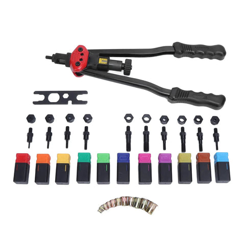 Hand Rivet Nut Tool Kit With 16 Inch Carbon Steel Arm And 11 Mandrels Rivet Nut Setter, shown with mandrels and nuts