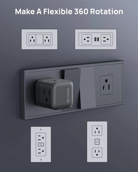 Three Outlet Power Extender With Two USB Chargers For Travel And Home Office, Easy Access Sideways Plug Adapter in wall