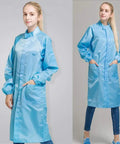 Straight Up ESD Anti Static Lab Coat With Long Sleeve For Men And Women Solid Stand Collar Zip Front Science Jacket Built Different Polyester Workwear Uniform That Handles Every Rough Shift Without Skipping A Beat In Clean Blue on a model with pockets.