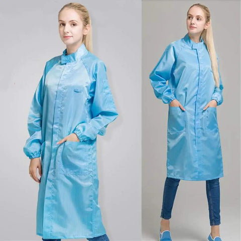 Straight Up ESD Anti Static Lab Coat With Long Sleeve For Men And Women Solid Stand Collar Zip Front Science Jacket Built Different Polyester Workwear Uniform That Handles Every Rough Shift Without Skipping A Beat In Clean Blue on a model with pockets.