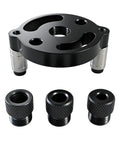 Bulletproof Aluminum Self Centering Drill Guide Jig For Bullseye Hole Alignment, black anodized base with interchangeable fittings.