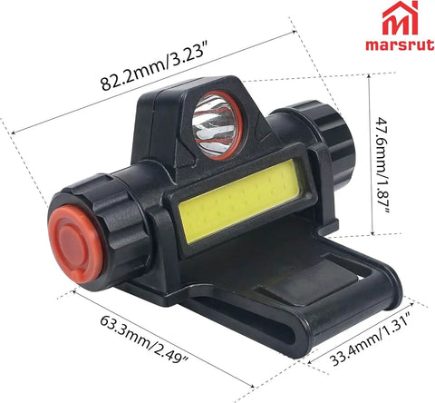 Dual LED Welding Headlamp Mount dimensions for helmets, hard hats, rechargeable clip with adjustable brightness, bracket mounts visible
