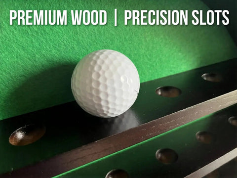 Close-up of solid wood shelf with golf ball on green felt in 32 Ball Golf Display Case Wall Mounted Moon Shelf In Dark Brown Finish.