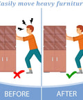 Illustration of a person struggling and then easily moving a cabinet using 8 Pack Self Stick Furniture Sliders For Carpet Easy Moving Pads For Chairs Tables Desks Sofas Couches 75x15mm Floor Protectors With Adhesive Backing To Glide Smoothly And Keep Floors Scratch Free.
