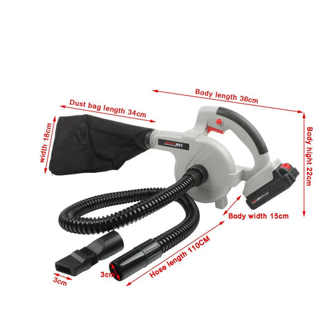 Heavy Duty Cordless Air Blower And Vacuum Cleaner Kicking Serious Dust Sawdust Debris Straight Up With Fast Charge Port, compact design, ergonomic handle.