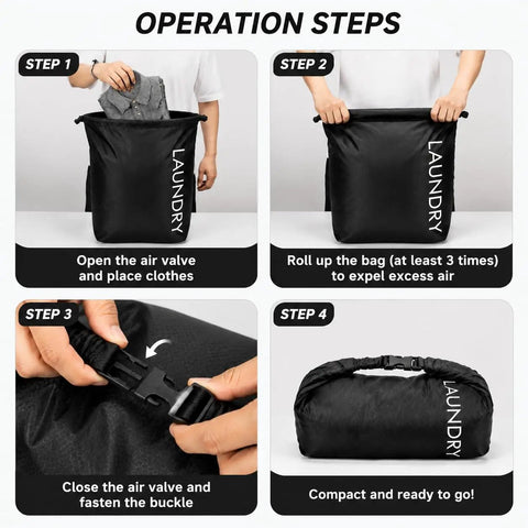 Four-step guide using Compression Travel Laundry Bag For Dirty Clothes That Packs Down Over Fifty Percent On The Go