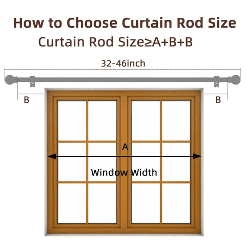 Diagram showing how to choose curtain rod size with window measurements and Black Curtain Rod Set With Brackets For Windows 28 To 48 Inches, 5/8 Inch Decorative Heavy Duty Curtain Rod, Adjustable Length Via Three-Section Splicing, Holds Up To 25 Pounds.