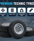 Top Tier Replacement Tires And Rims For Building Blocks 62 mm By 20 mm Rubber Wheels with deep tread design and cross axle hole.