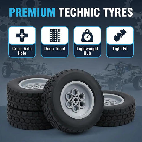 Top Tier Replacement Tires And Rims For Building Blocks 62 mm By 20 mm Rubber Wheels with deep tread design and cross axle hole.