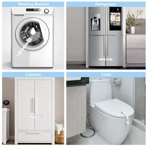 Image showing 5 Pack White Plastic Safety Locks For Cabinets And Drawers With Extra Strong Adhesive To Prevent Opening Doors Perfect For Home Safety Babyproofing And Childproof Living on washing machine, fridge, cabinet, and toilet.