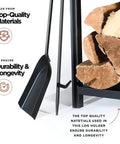 Close-up of Two Tier Firewood Rack for Indoor Outdoor Use with Fireplace Tools Set including shovel and stacked logs.