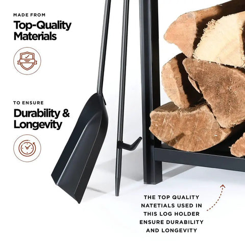 Close-up of Two Tier Firewood Rack for Indoor Outdoor Use with Fireplace Tools Set including shovel and stacked logs.