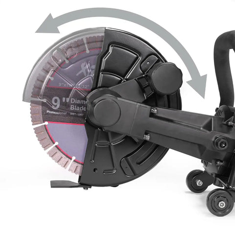 Close-up of 9-Inch Electric Concrete Saw With a Beefy 1800W Motor, Circular Cut Off Tool, featuring 9-inch blade and guide roller.