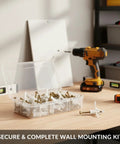 Open box of 50 Pack M8 Nylon Drywall Anchors With Zinc Plated Screws on a table with tools, kit for hanging decor in white