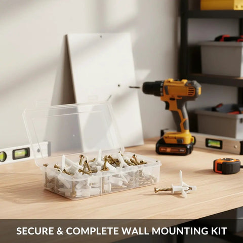 Open box of 50 Pack M8 Nylon Drywall Anchors With Zinc Plated Screws on a table with tools, kit for hanging decor in white