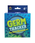 Germ Tracker Classroom Kit box packaging, magnifying glass on germs illustration, blue background