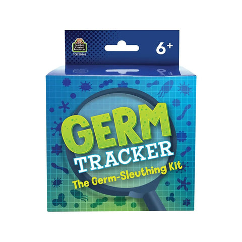 Germ Tracker Classroom Kit box packaging, magnifying glass on germs illustration, blue background