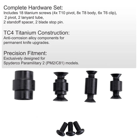 Heavy Duty 26 Piece TC4 Titanium Replacement Kit For Knives Featuring Anti Rust Pivots Lanyard Tubes Blade Stop Pins And Precision Screws For A Hella Solid Top Shelf Upgrade with screws and pivots.