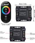 RGB LED Dimmer Switch With RF Wireless Control And Sliding Remote Dimmable PWM DC 12V 24V 18A For LED Strip Lights Room To Room Wireless Dimmer Controller Easy Install And Sweet Mood Lighting, showing remote and dimensions