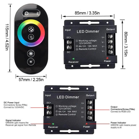 RGB LED Dimmer Switch With RF Wireless Control And Sliding Remote Dimmable PWM DC 12V 24V 18A For LED Strip Lights Room To Room Wireless Dimmer Controller Easy Install And Sweet Mood Lighting, showing remote and dimensions