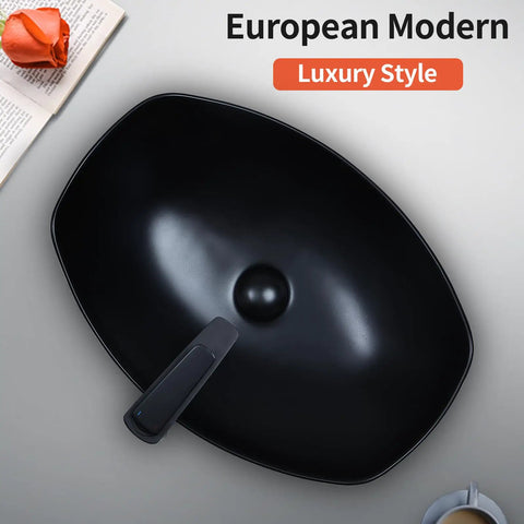 Black ceramic vessel sink with pop-up drain, luxury style; white ceramic alternative: White Ceramic Vessel Sink 19 By 14.5 Inch With Pop Up Drain Above Counter Bathroom Sink Modern Vessel Bowl For Vanity Durable Glazed Ceramic Finish Countertop Sink For Stylish Homes