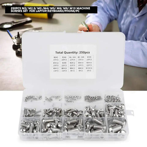 250 Piece M2 To M10 Machine Screws Set Pro Grade Stainless Steel Hex Socket Bolts display case with 250 pieces sorted by size
