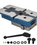 Heavy Duty 3 Inch Bench Clamp Mill Vise with blue body, silver jaws, and included hardware for milling and shaping projects.