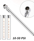 Dial tire pressure gauge showing 10-50 PSI with close-up of nozzle, part of Air Hose Fittings One Fourth Inch NPT Brass Quick Connect Couplers And Plugs Pack 20 Piece Air Compressor Accessory Kit With Blow Gun And Tire Gauge Durable Brass Construction For Quick Leak Free Connections And Versatile Home Or Shop Use