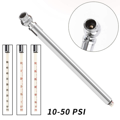 Dial tire pressure gauge showing 10-50 PSI with close-up of nozzle, part of Air Hose Fittings One Fourth Inch NPT Brass Quick Connect Couplers And Plugs Pack 20 Piece Air Compressor Accessory Kit With Blow Gun And Tire Gauge Durable Brass Construction For Quick Leak Free Connections And Versatile Home Or Shop Use