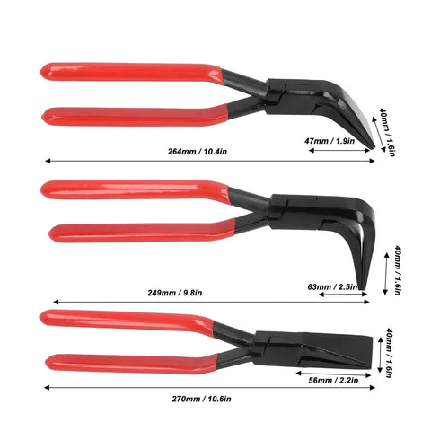 3 Piece Sheet Metal Bending Pliers Set With Straight 45 Degree And 90 Degree Jaws For Bending Edges In Vehicles HVAC Roofs Windows And Doors Heavy Duty Pro Grade Hand Seamers For Auto Body Fabrication 40mm Jaw Width, showing three pliers with different angles and measurements.