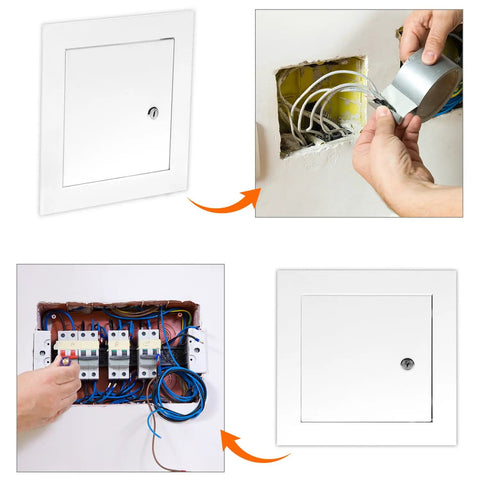 Heavy Duty Aluminum Alloy Access Panel 6X6 Inch Service Door For Wall And Ceiling Electrical Repair with open wiring visible.
