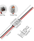 Diagram of Heavy Duty 2 Pin Deutsch Waterproof Connectors Kit with cable dimensions and design details, male and female plugs.