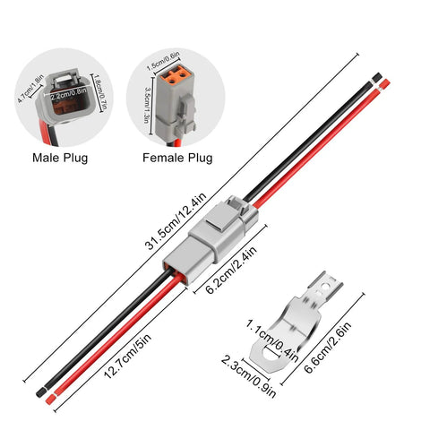 Diagram of Heavy Duty 2 Pin Deutsch Waterproof Connectors Kit with cable dimensions and design details, male and female plugs.