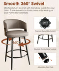 Set of 6 30 Inch Swivel Bar Stools With Curved Back Mid Century Modern Faux Leather Upholstery And Decorative Stitching Perfect For Kitchen Island, Dining Or Living Room In Matte Gray showing smooth 360-degree swivel feature.
