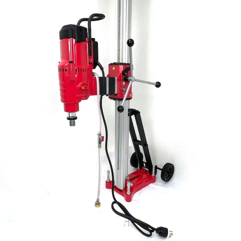 Tough As Nails 25 Inch Concrete Core Drill With 5000W Two Speed Diamond Coring Rig, featuring a red drill on a tilting stand.