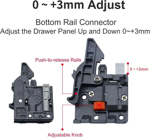 Bottom rail connector for Heavy Duty Smooth Ride Push To Open Undermount Drawer Slides With Full Extension Cabinet Rails 14 inches long.