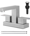 4 Inch Brushed Nickel Centerset Bathroom Faucet With Pop Up Drain, 2 Handle, Fits 2 Or 3 Hole Sinks, Stainless Steel Build