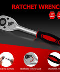Durable 94 Piece Mechanics Tool Set With Metric And Standard Sockets Quarter Inch And Half Inch Drives, Ratchets, Universal Joint, Extension Bars, Quick Release Reversible Ratchet Wrench, And Plastic Toolbox Storage showing ratchet wrench with ergonomic handle and reversible lock.