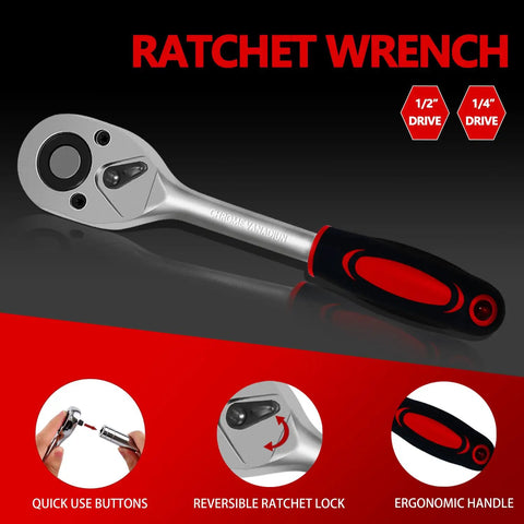 Durable 94 Piece Mechanics Tool Set With Metric And Standard Sockets Quarter Inch And Half Inch Drives, Ratchets, Universal Joint, Extension Bars, Quick Release Reversible Ratchet Wrench, And Plastic Toolbox Storage showing ratchet wrench with ergonomic handle and reversible lock.