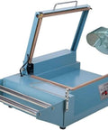 Impulse Heat Sealer Shrink Wrap Machine For Books Cds And Food, blue iron build, manual L-bar design, with a polyolefin film example.