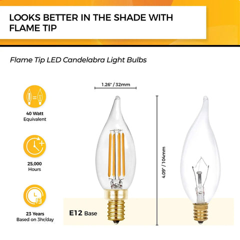 Soft Warm White E12 LED Candle Bulbs 90 Plus CRI Dimmable Flame Tip CA10 Chandelier Bulbs 4W 450 Lumens 2700K 40W Equivalent UL Listed