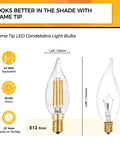 90 Plus CRI LED Candelabra Bulbs E12 Dimmable 2700K Soft Warm White with flame tip and dimensions indicated