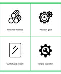 Icons representing features of Heavy Duty Electric Drill Shear Plate Cutter: fine steel, precision gear, smooth cuts, simple operation.