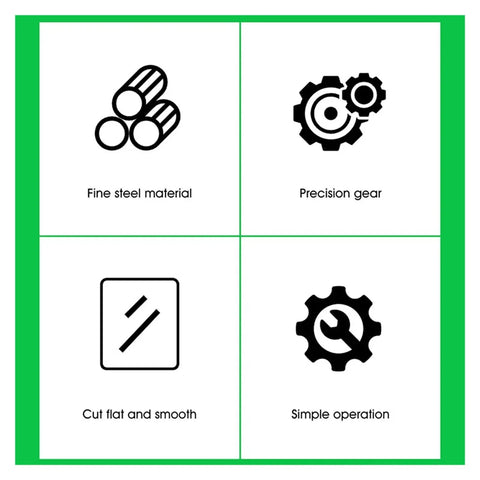 Icons representing features of Heavy Duty Electric Drill Shear Plate Cutter: fine steel, precision gear, smooth cuts, simple operation.