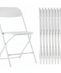 Ten Pack Plastic Folding Chairs With Metal Frame Foldable And Stackable Portable 330 Lb Capacity Perfect For Wedding Party Picnic Office Indoor Outdoor Dining White side view