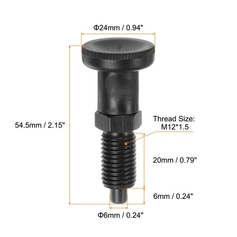 Heavy Duty Carbon Steel M12 Spring Plunger with 6mm ball nose tip and knurled knob for secure clamping in industrial setups.